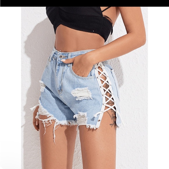 Furst Of A Kind Upcycled Vintage Lace Up High Waist Sasson Blue Denim Shorts - Picture 5 of 8